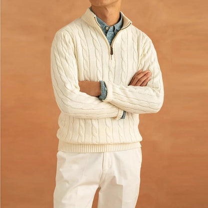 Men's Cable-Knit Sweater with Mock Neck and Half-Zip Closure