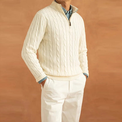 Men's Cable-Knit Sweater with Mock Neck and Half-Zip Closure