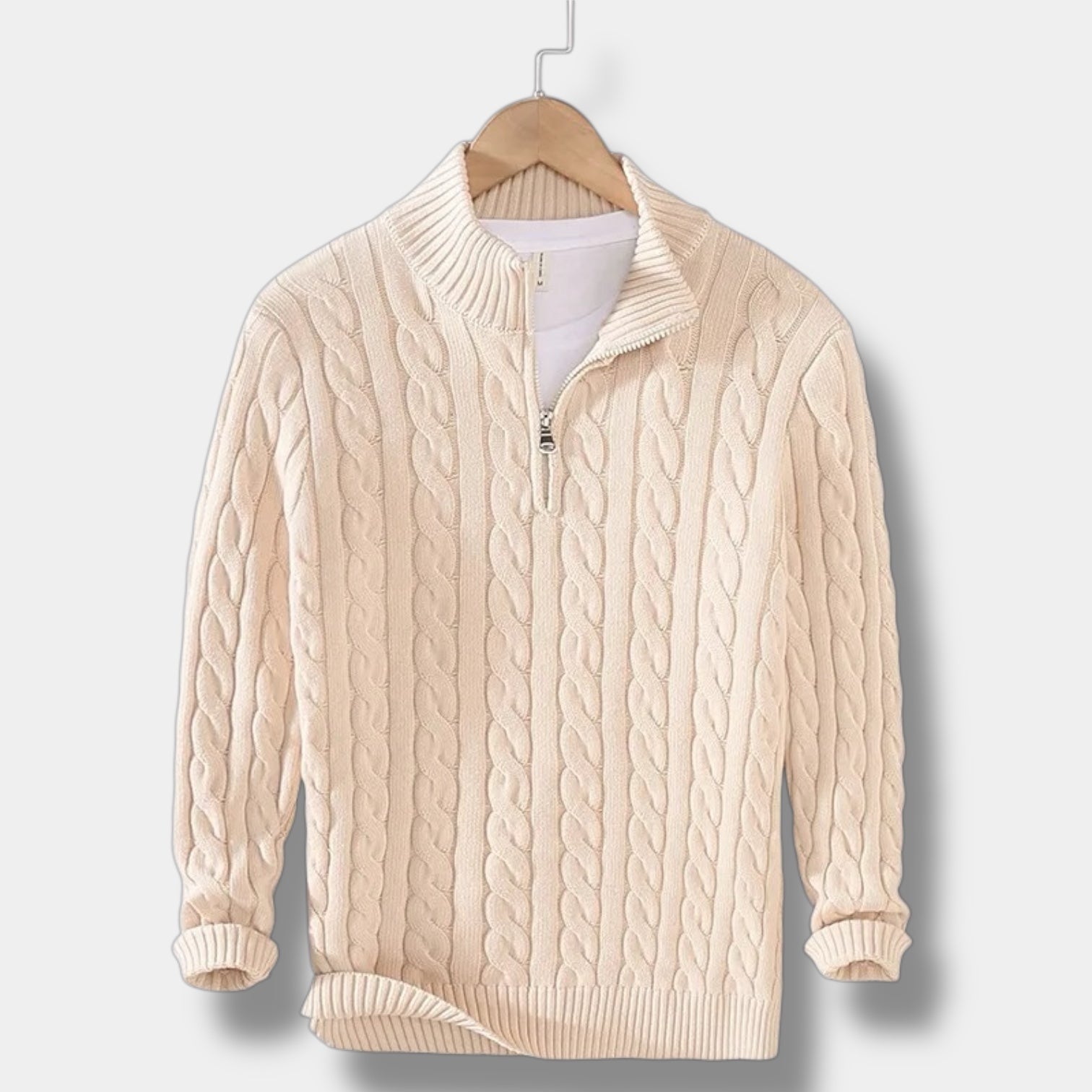 Men's Cable-Knit Sweater with Mock Neck and Half-Zip Closure