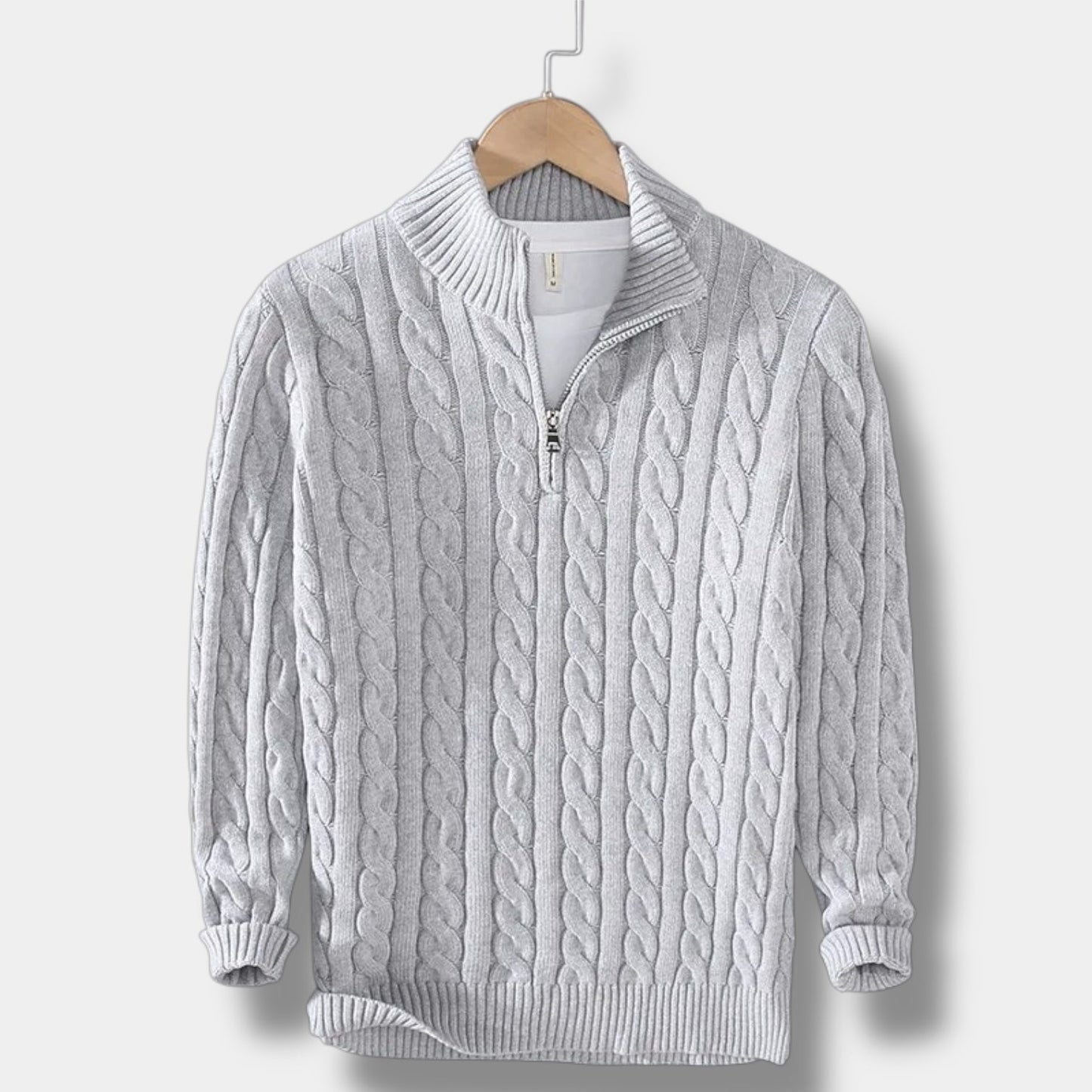 Men's Cable-Knit Sweater with Mock Neck and Half-Zip Closure