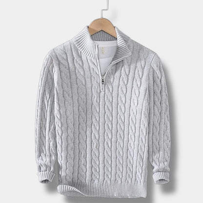 Men's Cable-Knit Sweater with Mock Neck and Half-Zip Closure