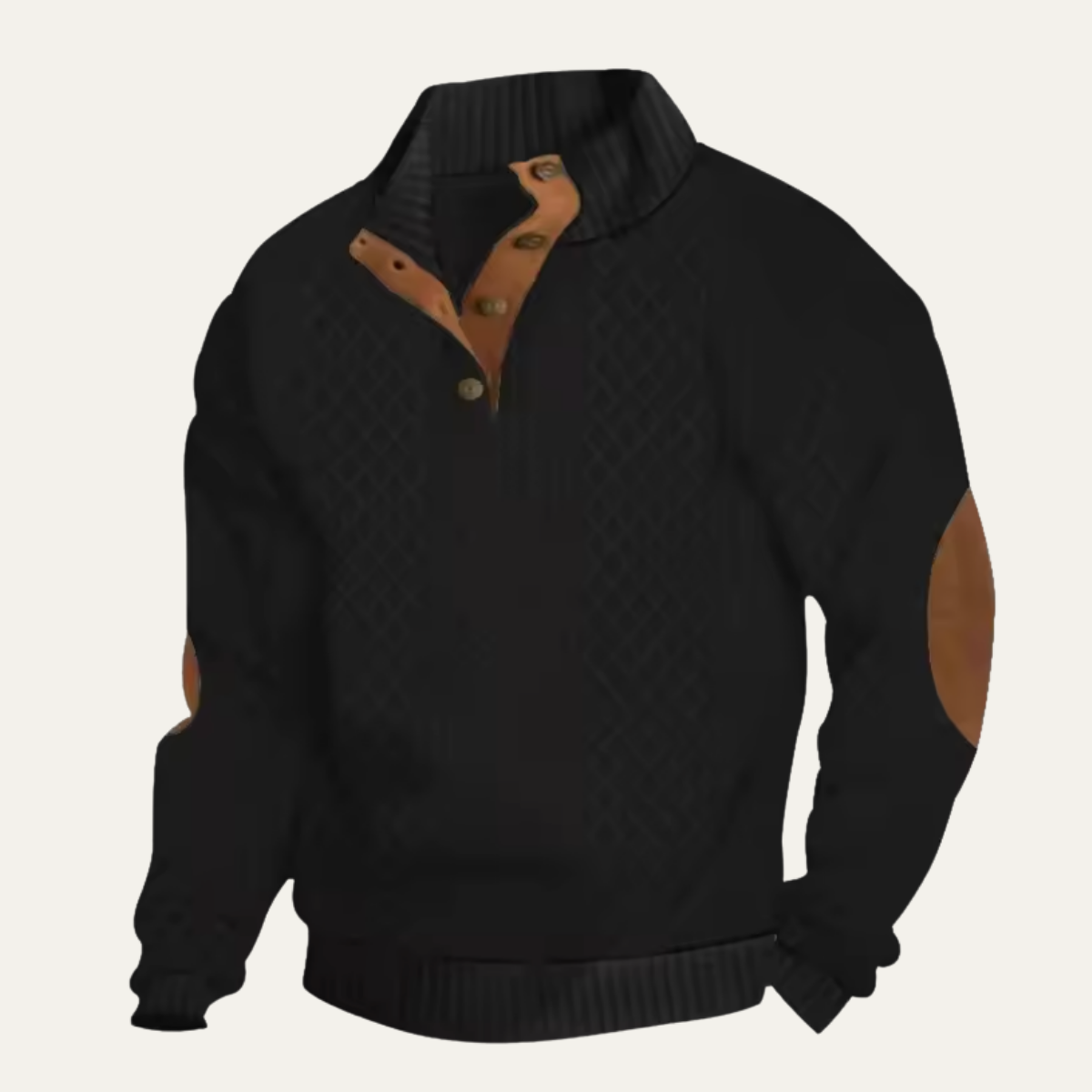 Men's Cable-Knit Sweater with Stand Collar, Button Placket and Elbow Patches