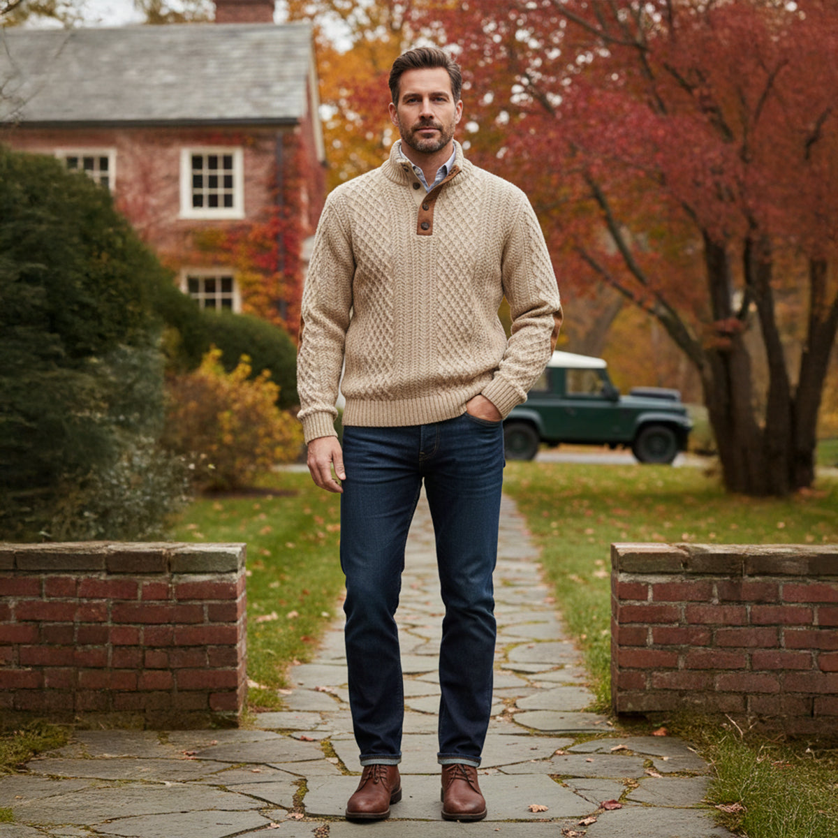 Men's Cable-Knit Sweater with Stand Collar, Button Placket and Elbow Patches