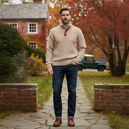 Men's Cable-Knit Sweater with Stand Collar, Button Placket and Elbow Patches