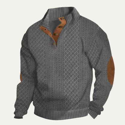 Men's Cable-Knit Sweater with Stand Collar, Button Placket and Elbow Patches