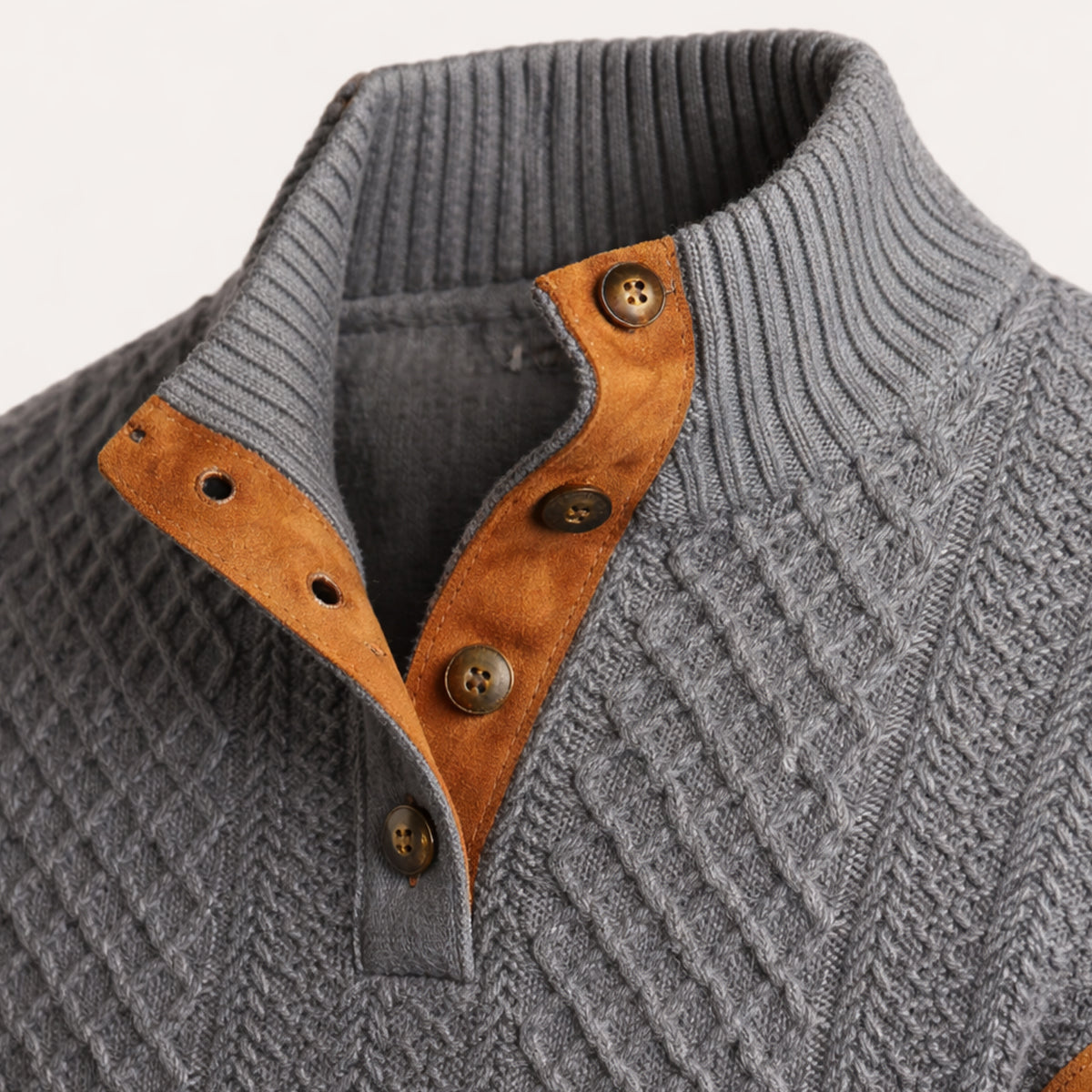 Men's Cable-Knit Sweater with Stand Collar, Button Placket and Elbow Patches