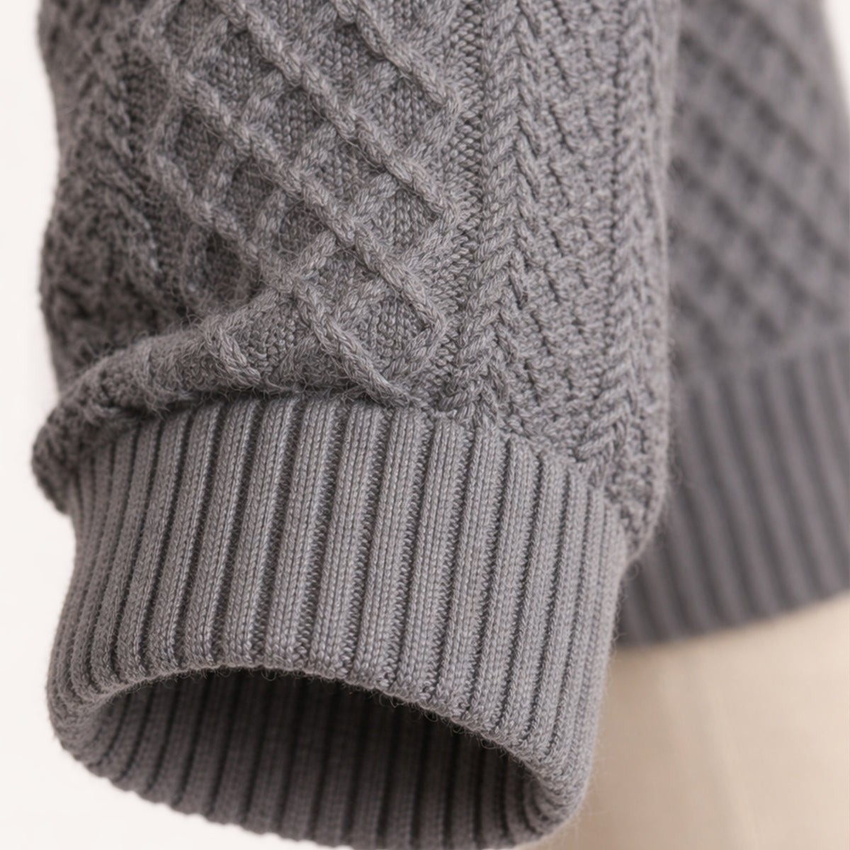 Men's Cable-Knit Sweater with Stand Collar, Button Placket and Elbow Patches