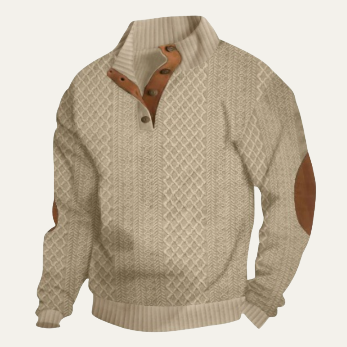 Men's Cable-Knit Sweater with Stand Collar, Button Placket and Elbow Patches