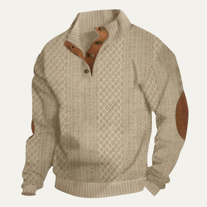 Men's Cable-Knit Sweater with Stand Collar, Button Placket and Elbow Patches