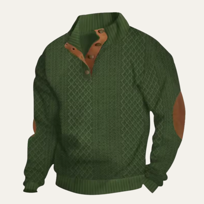 Men's Cable-Knit Sweater with Stand Collar, Button Placket and Elbow Patches