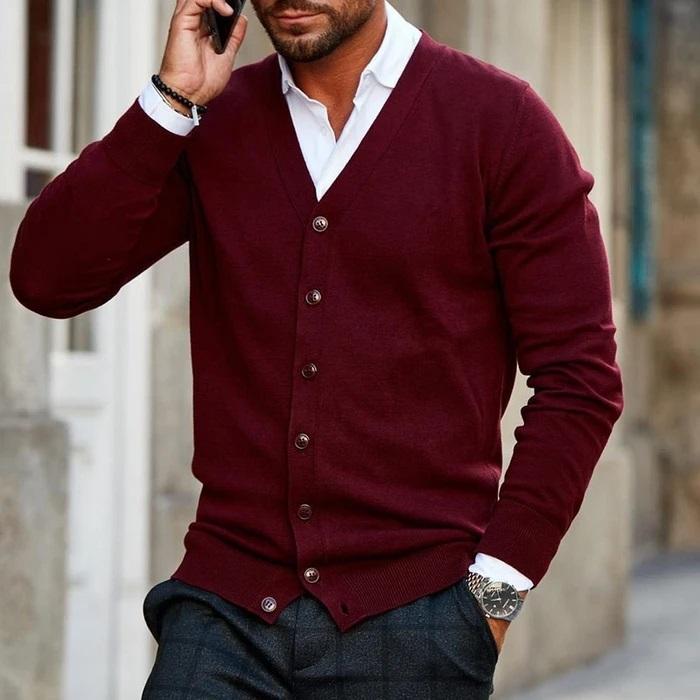Men's Cardigan with V-Neck and Button Closure Long Sleeve