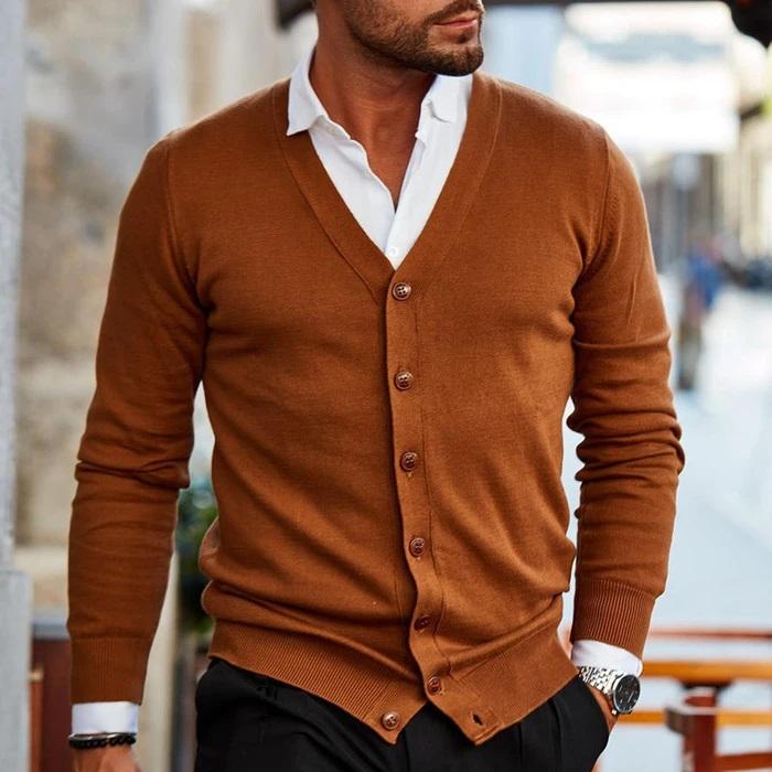 Men's Cardigan with V-Neck and Button Closure Long Sleeve