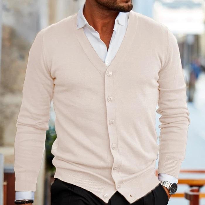 Men's Cardigan with V-Neck and Button Closure Long Sleeve