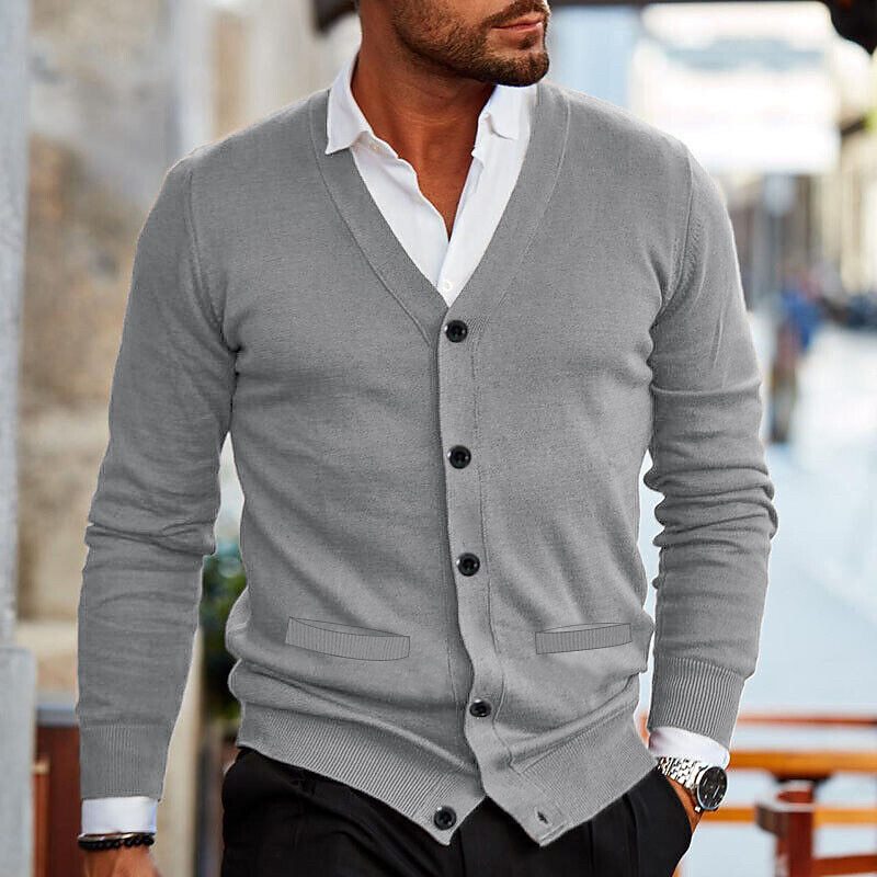 Men's Cardigan with V-Neck and Button Closure Long Sleeve