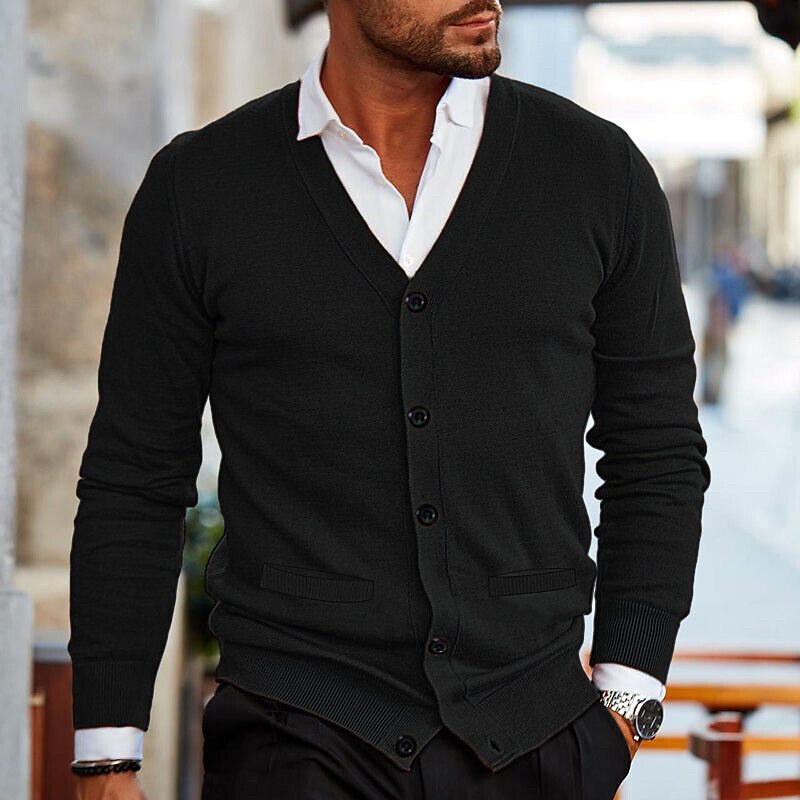 Men's Cardigan with V-Neck and Button Closure Long Sleeve