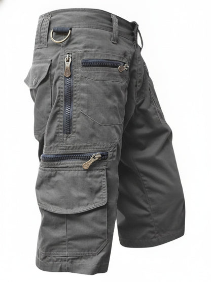 Men's Cargo Shorts with Multi-Pocket Zip Design and Adjustable Waist