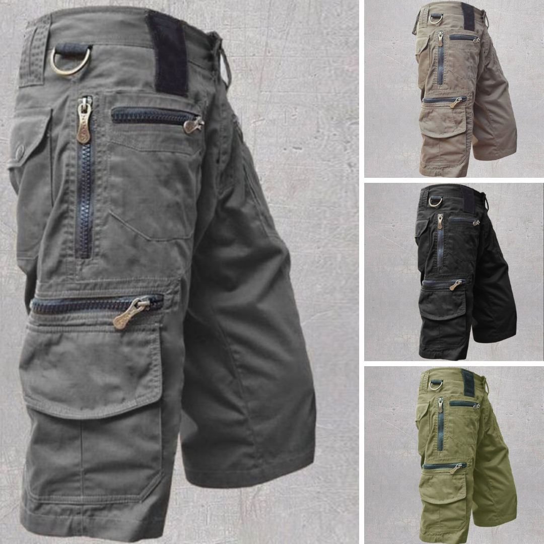 Men's Cargo Shorts with Multi-Pocket Zip Design and Adjustable Waist