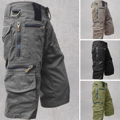 Men's Cargo Shorts with Multi-Pocket Zip Design and Adjustable Waist