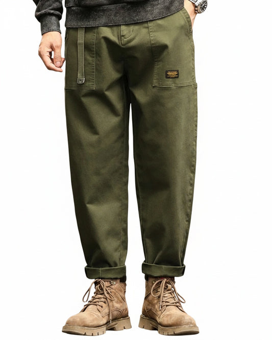 Men's Cargo Trousers with Wide Straight Fit and Flap Pocket Panels