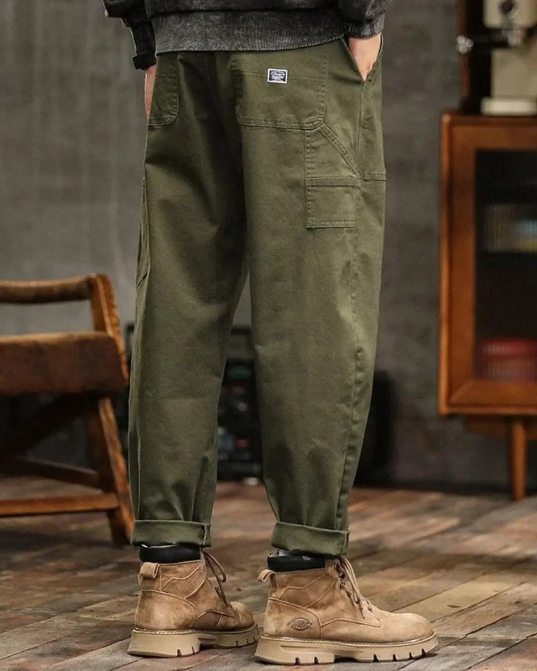 Men's Cargo Trousers with Wide Straight Fit and Flap Pocket Panels