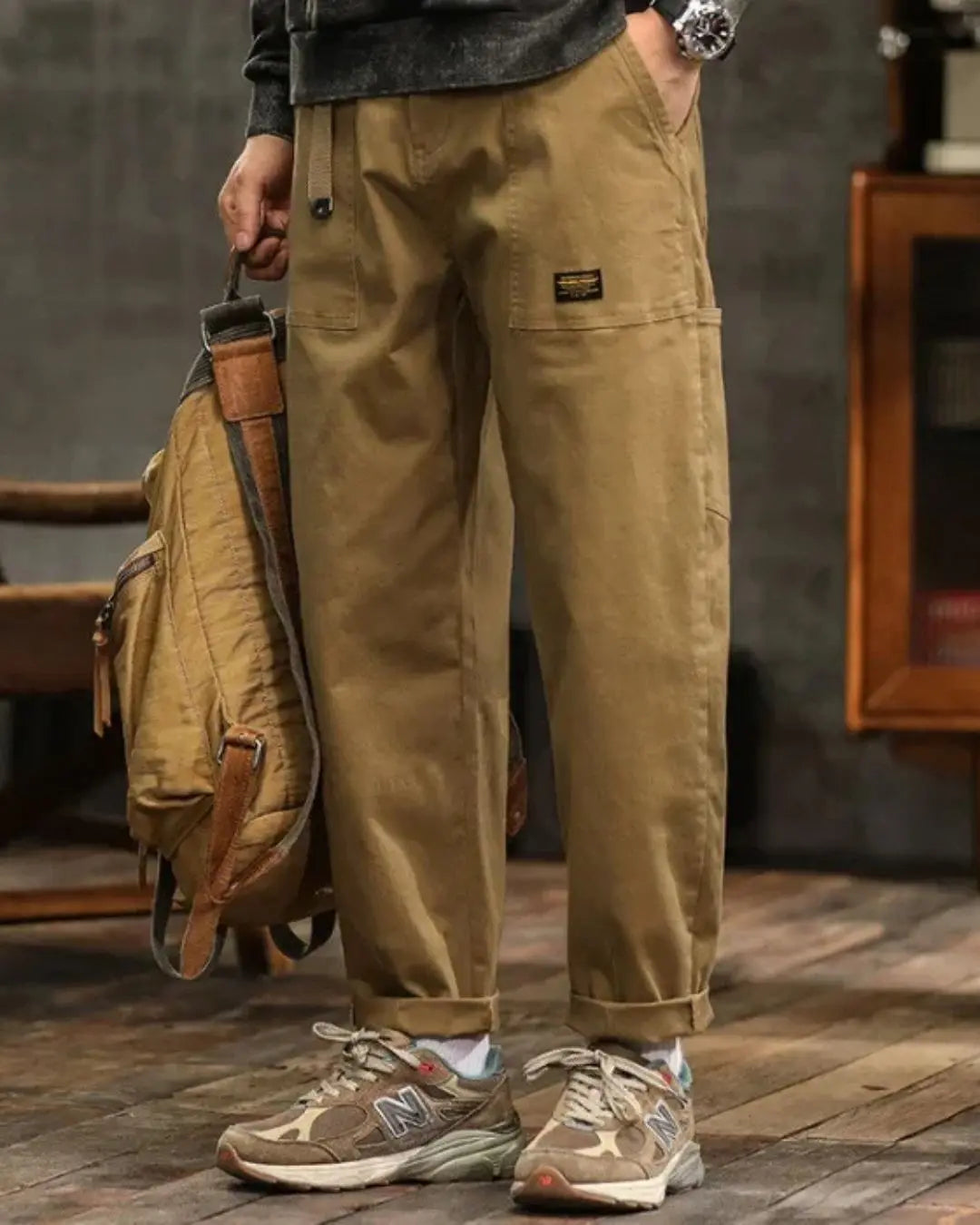 Men's Cargo Trousers with Wide Straight Fit and Flap Pocket Panels