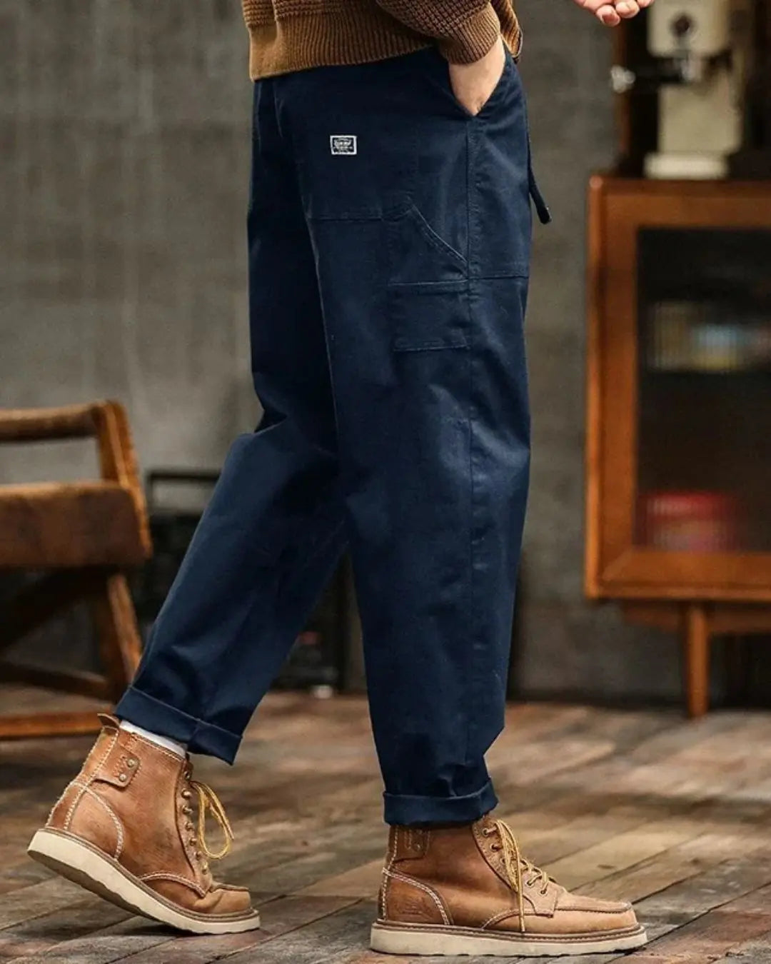 Men's Cargo Trousers with Wide Straight Fit and Flap Pocket Panels