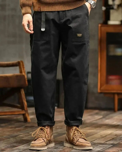 Men's Cargo Trousers with Wide Straight Fit and Flap Pocket Panels