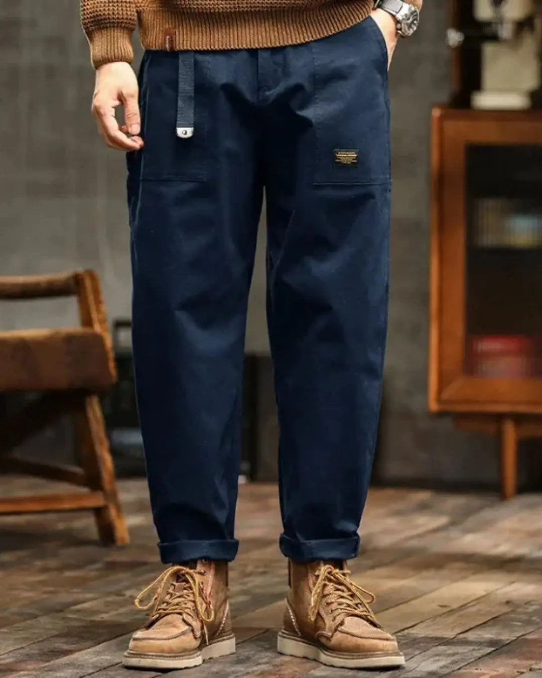 Men's Cargo Trousers with Wide Straight Fit and Flap Pocket Panels