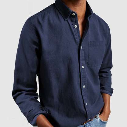 Men's Casual Denim Button-Down Shirt with Long Sleeves and Chest Pocket