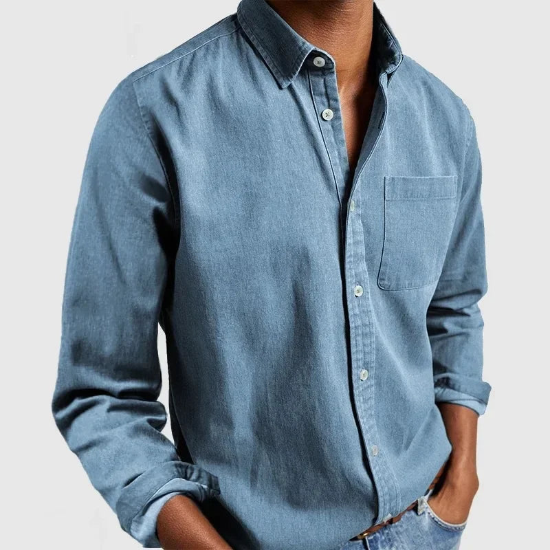 Men's Casual Denim Button-Down Shirt with Long Sleeves and Chest Pocket