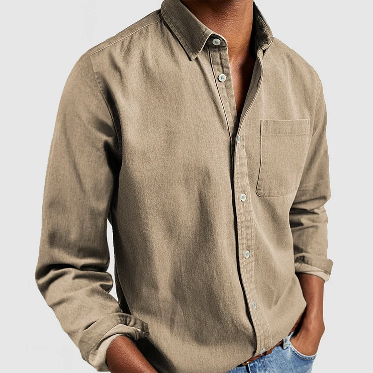Men's Casual Denim Button-Down Shirt with Long Sleeves and Chest Pocket