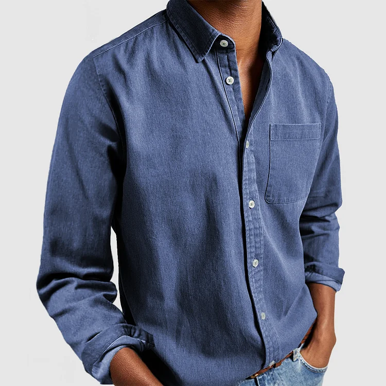 Men's Casual Denim Button-Down Shirt with Long Sleeves and Chest Pocket
