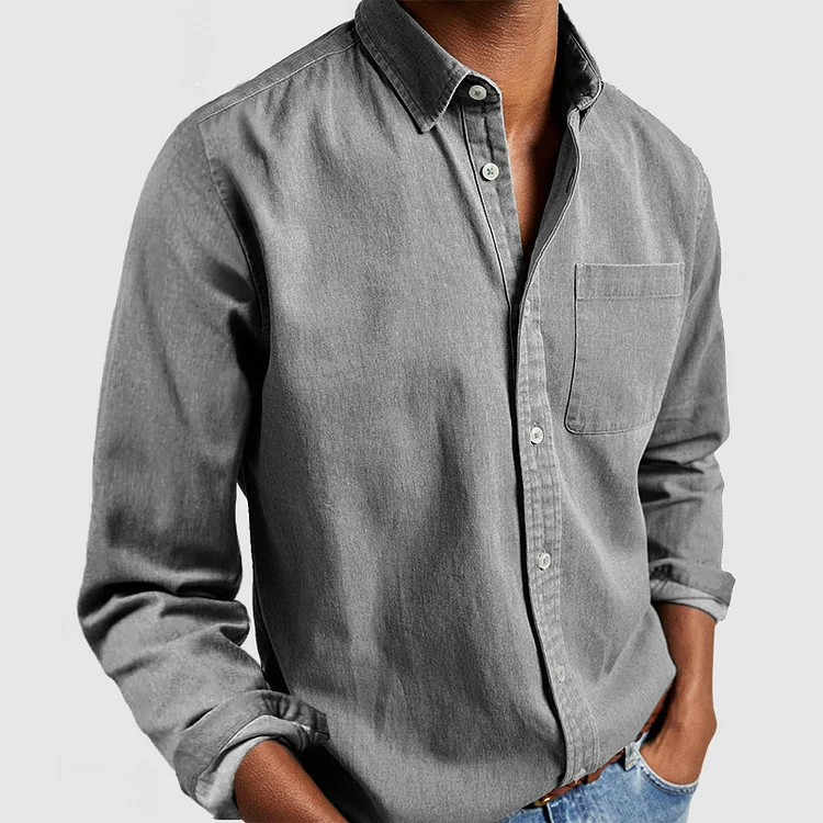 Men's Casual Denim Button-Down Shirt with Long Sleeves and Chest Pocket