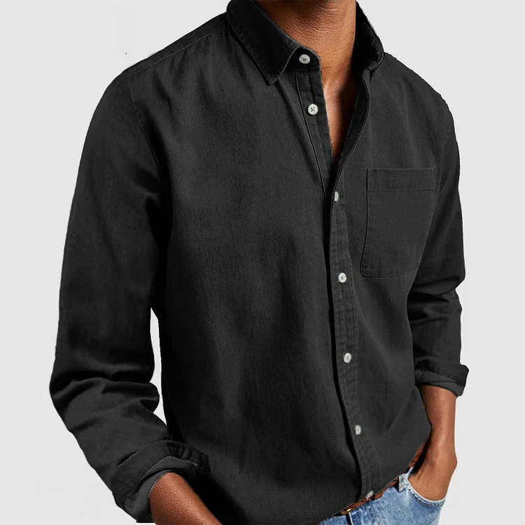 Men's Casual Denim Button-Down Shirt with Long Sleeves and Chest Pocket