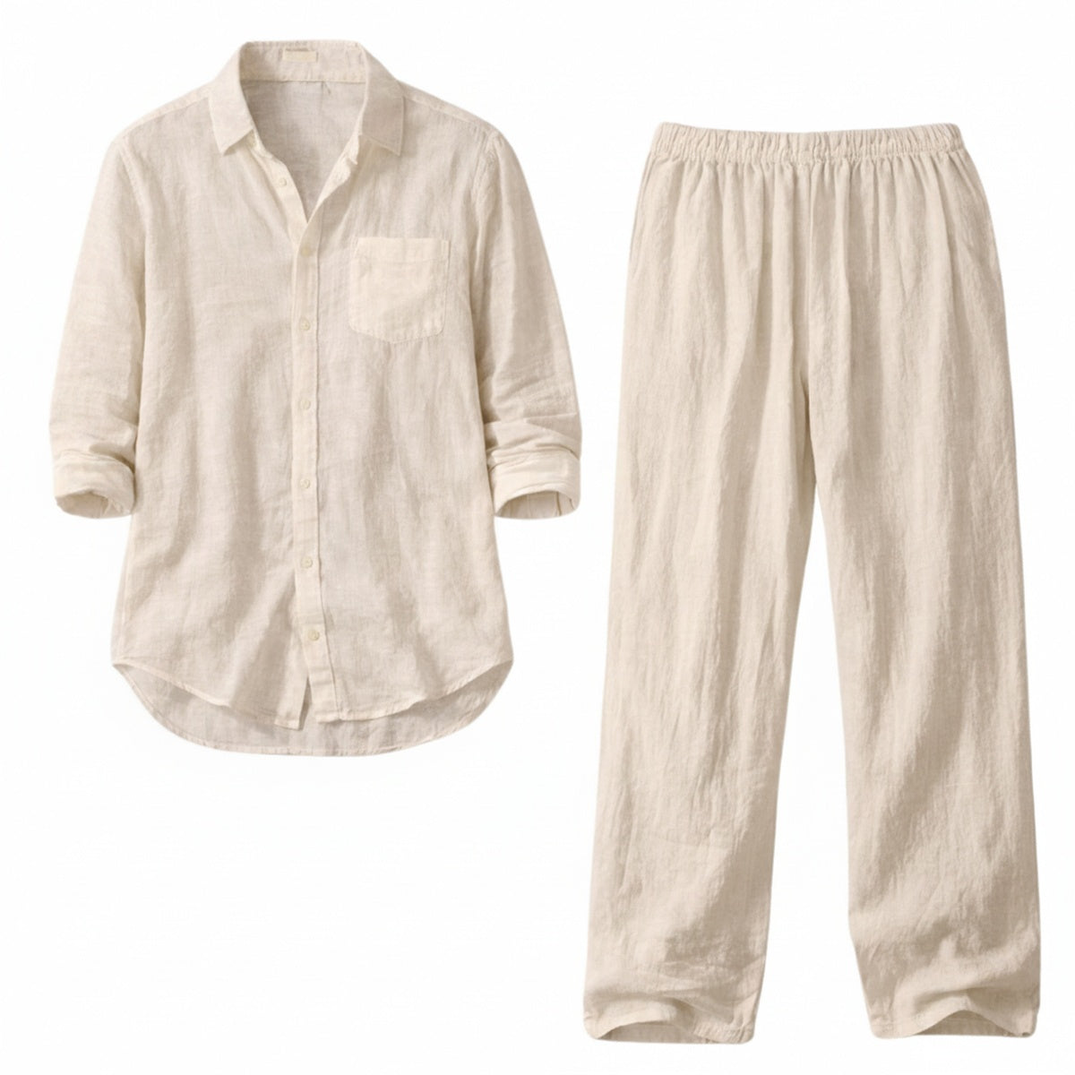 Men's Casual Shirt and Pants Set with Band Collar and Drawstring Waist