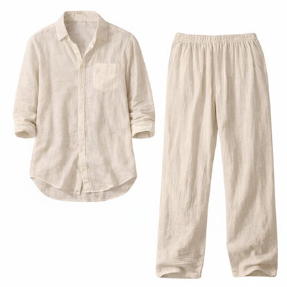 Men's Casual Shirt and Pants Set with Band Collar and Drawstring Waist