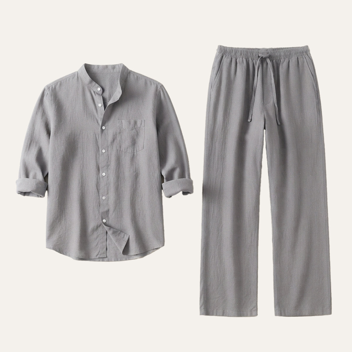 Men's Casual Shirt and Pants Set with Band Collar and Drawstring Waist