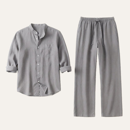 Men's Casual Shirt and Pants Set with Band Collar and Drawstring Waist