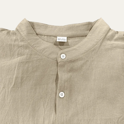 Men's Casual Shirt and Pants Set with Band Collar and Drawstring Waist