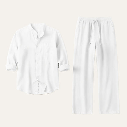 Men's Casual Shirt and Pants Set with Band Collar and Drawstring Waist
