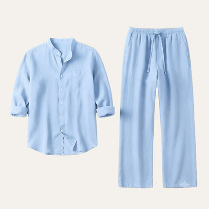 Men's Casual Shirt and Pants Set with Band Collar and Drawstring Waist