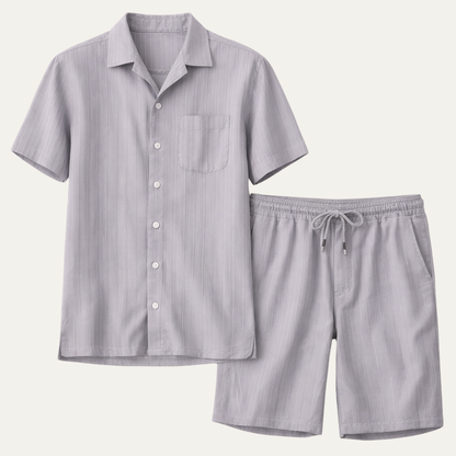 Men's Casual Short Sleeve Button-Up Shirt and Shorts Set with Camp Collar