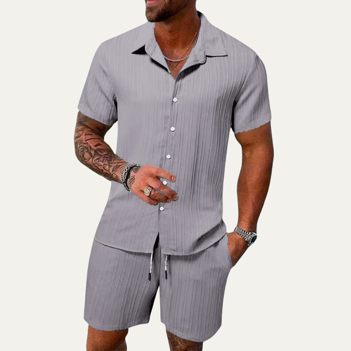 Men's Casual Short Sleeve Button-Up Shirt and Shorts Set with Camp Collar