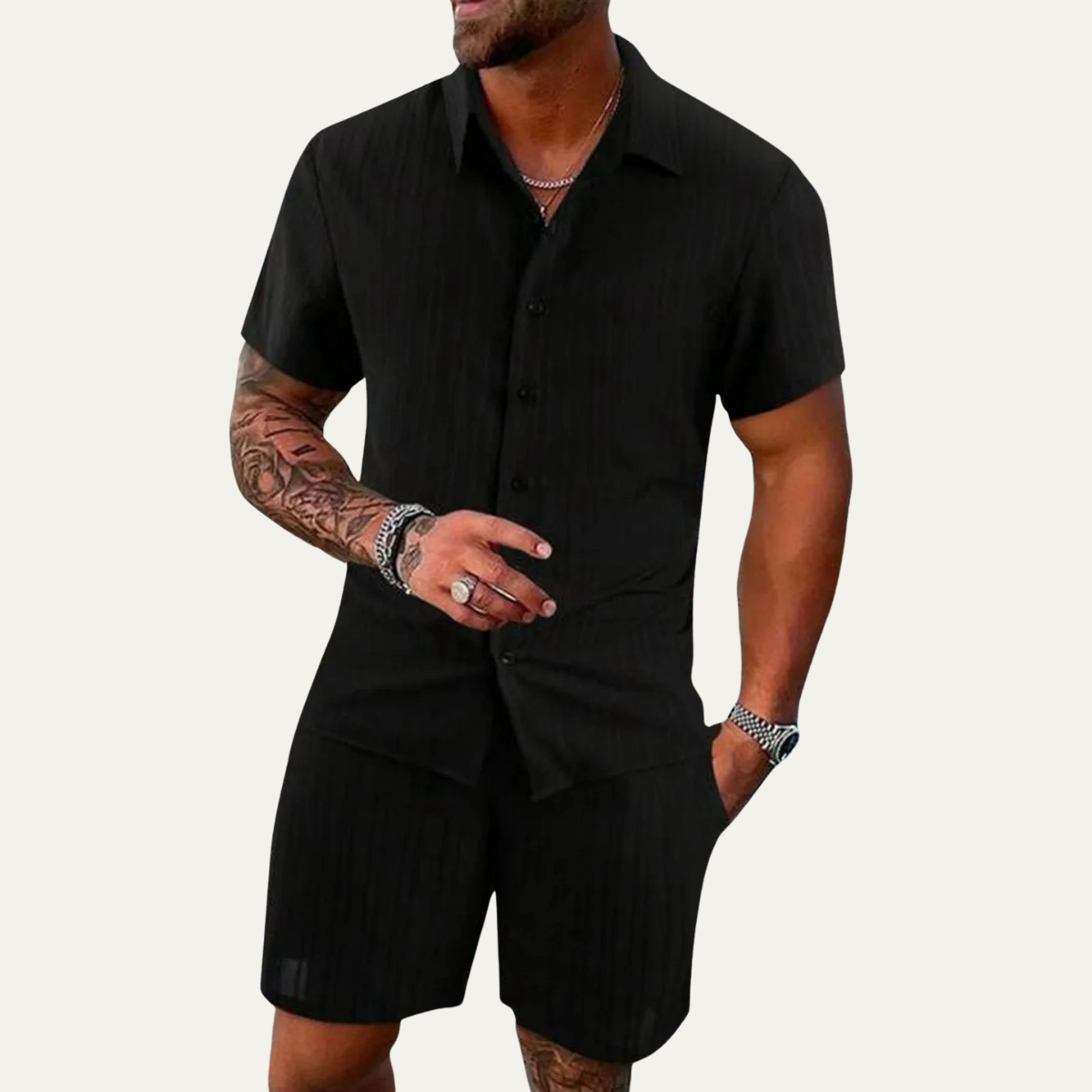 Men's Casual Short Sleeve Button-Up Shirt and Shorts Set with Camp Collar
