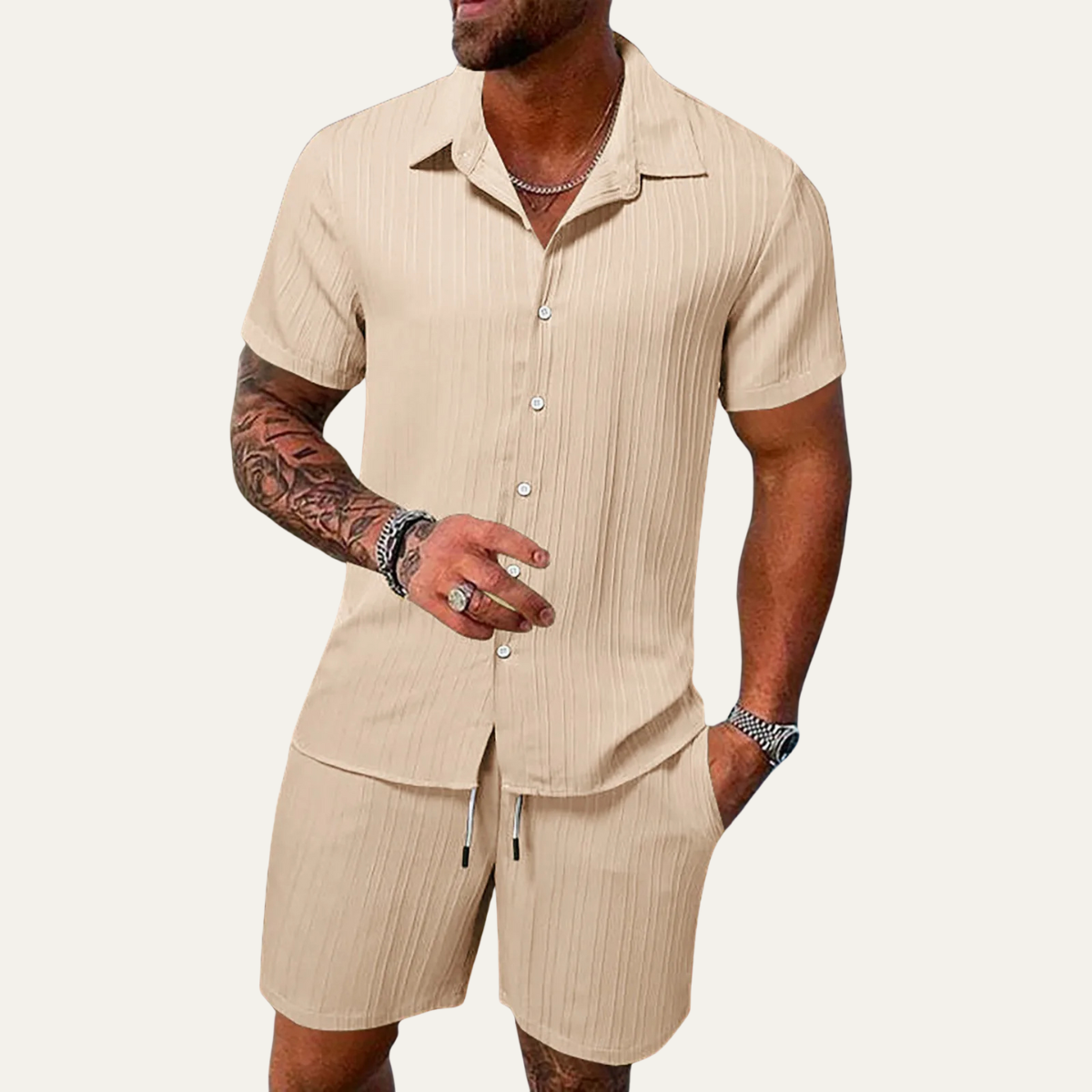 Men's Casual Short Sleeve Button-Up Shirt and Shorts Set with Camp Collar