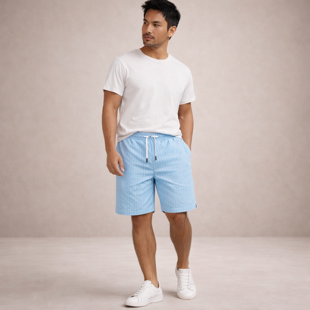 Men's Casual Shorts with Pinstripe Pattern and Drawstring Waist