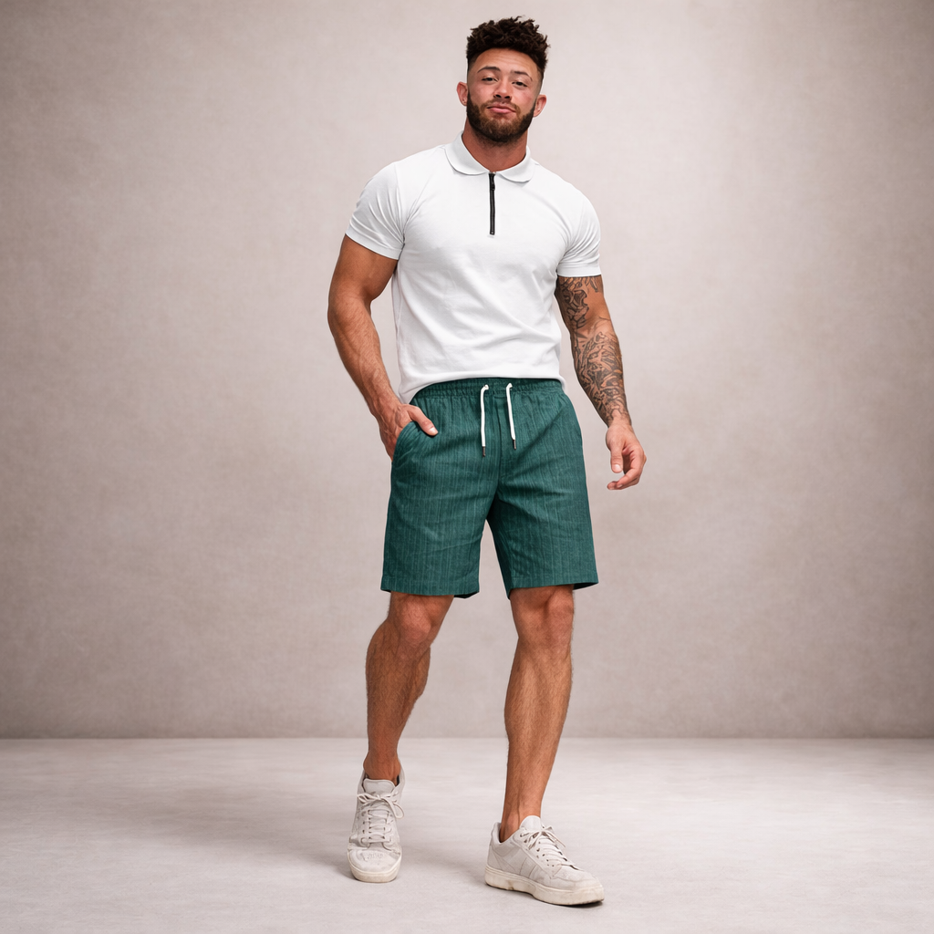 Men's Casual Shorts with Pinstripe Pattern and Drawstring Waist