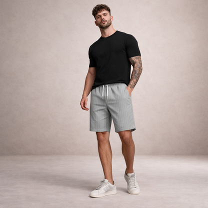 Men's Casual Shorts with Pinstripe Pattern and Drawstring Waist