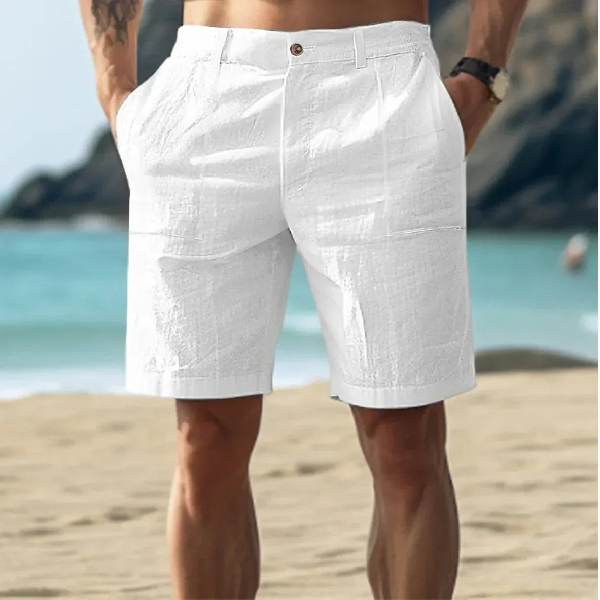 Men's Casual Shorts with Side Pockets and Button-Zip Closure