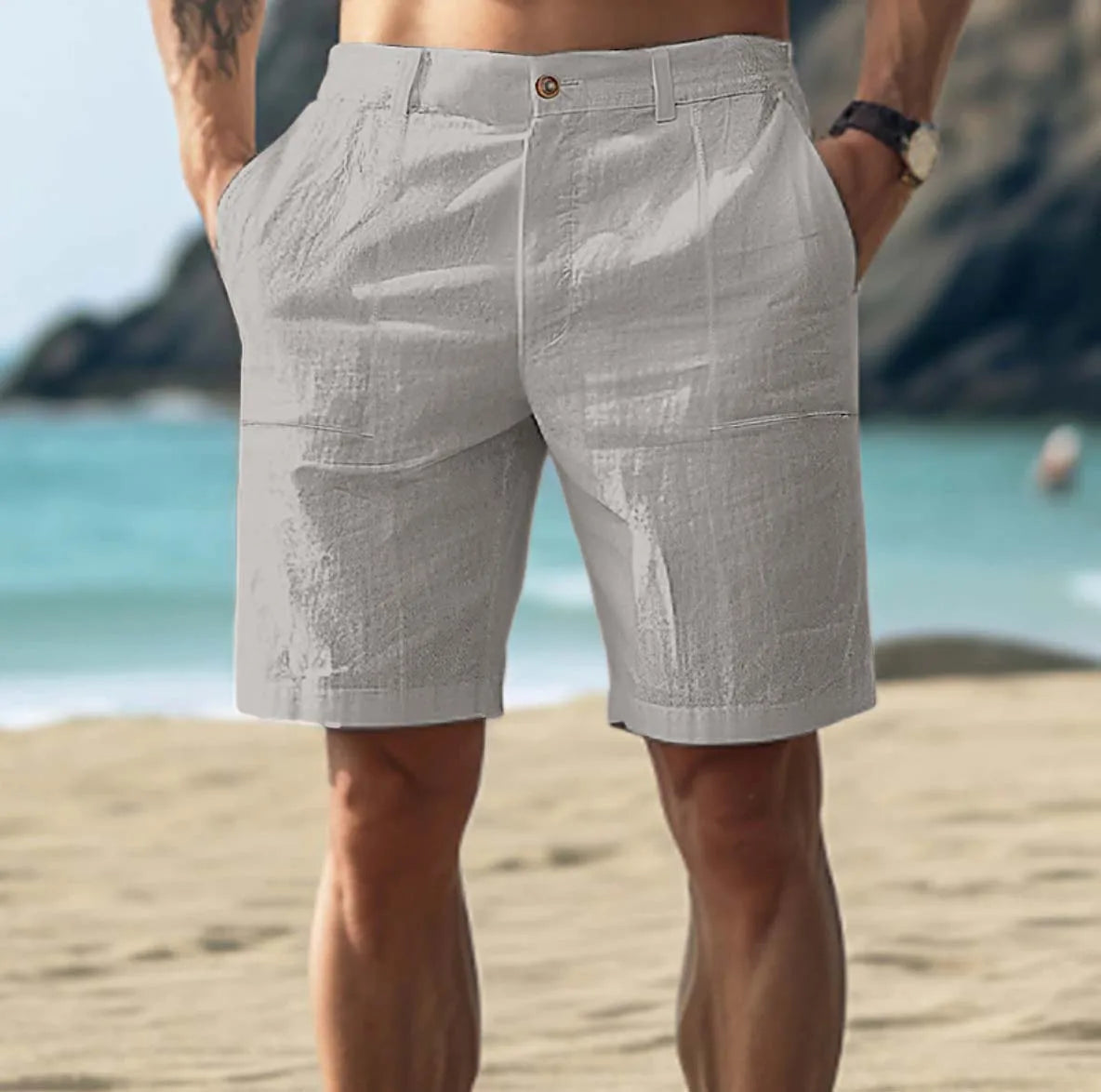 Men's Casual Shorts with Side Pockets and Button-Zip Closure